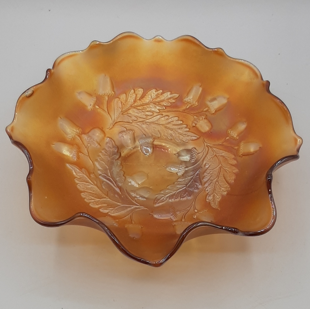 Fenton Acorn Marigold Carnival Glass Candy Dish Ruffled Edge 7" Antique Carnival